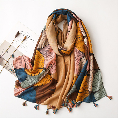 Wholesale winter cotton linen vintage ginkgo print fringed scarf