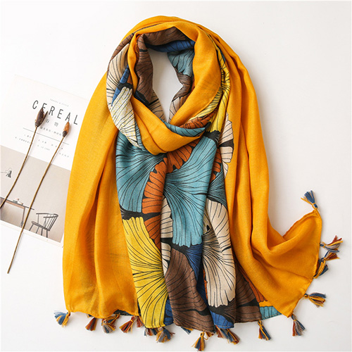 Wholesale winter cotton linen vintage ginkgo print fringed scarf