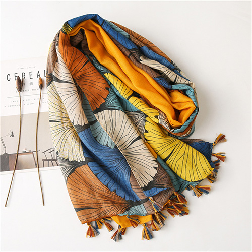 Wholesale winter cotton linen vintage ginkgo print fringed scarf