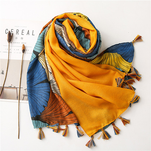 Wholesale winter cotton linen vintage ginkgo print fringed scarf