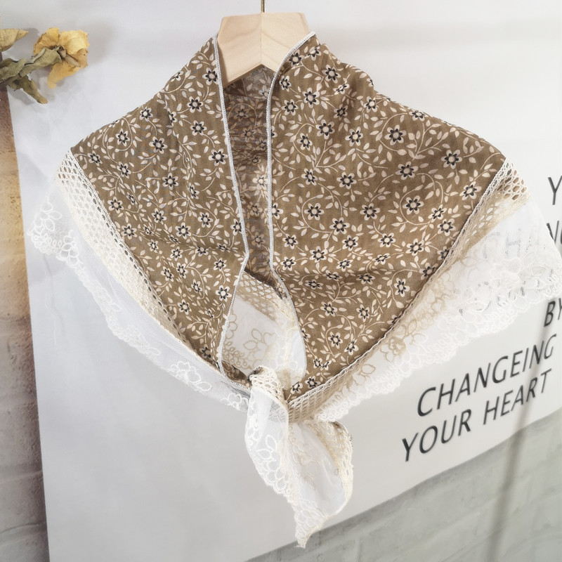 Printed scarf triangle scarf lace edging floral triangle scarf creative warm shawl