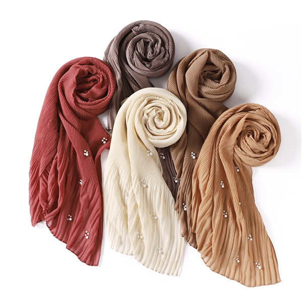 Pure color wrinkled skirt wrinkled ruffled beaded chiffon long scarf monochrome pleated headscarf women wholesale
