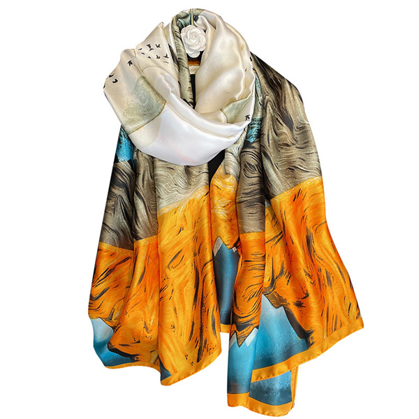 Oil painting style double sided long silk scarf printing seaside scarf wholesale
