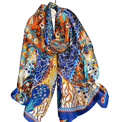 Korean style wild fashion geometric flower printing new silk satin scarf wholesale
