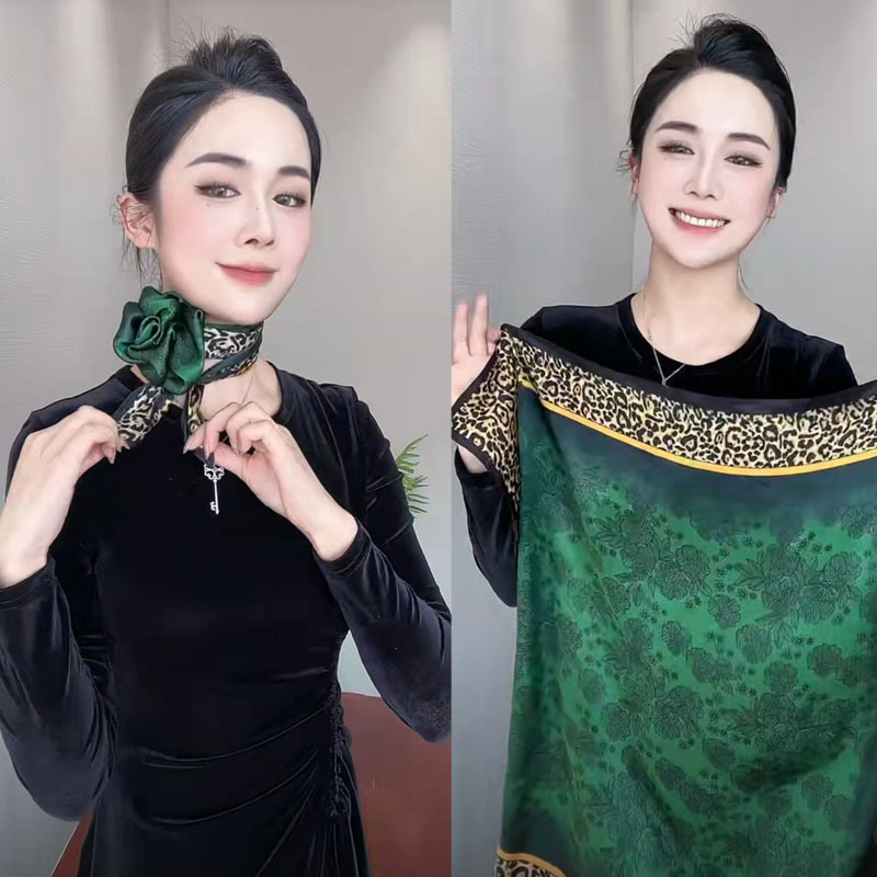 Explosive model silk scarf women wild print decorative scarf leopard green emeralds wholesale