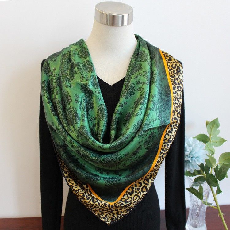 Emerald Green Leopard Print Lijing Section 110 Large Square Scarf Female Scarf Shawl Dual use Wholesale