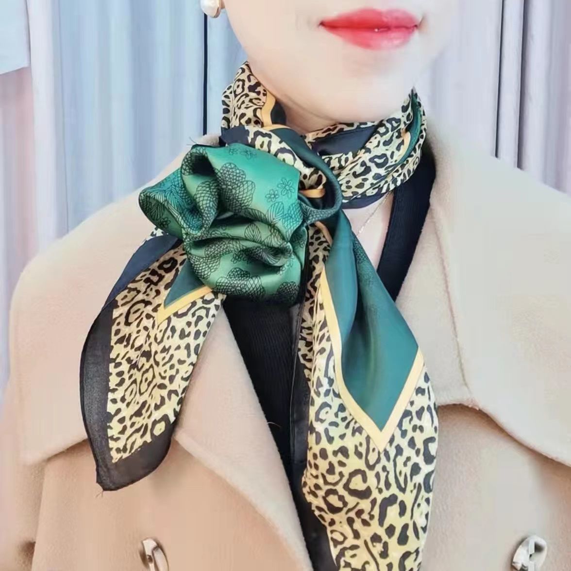 Emerald Green Leopard Print Lijing Section 110 Large Square Scarf Female Scarf Shawl Dual use Wholesale