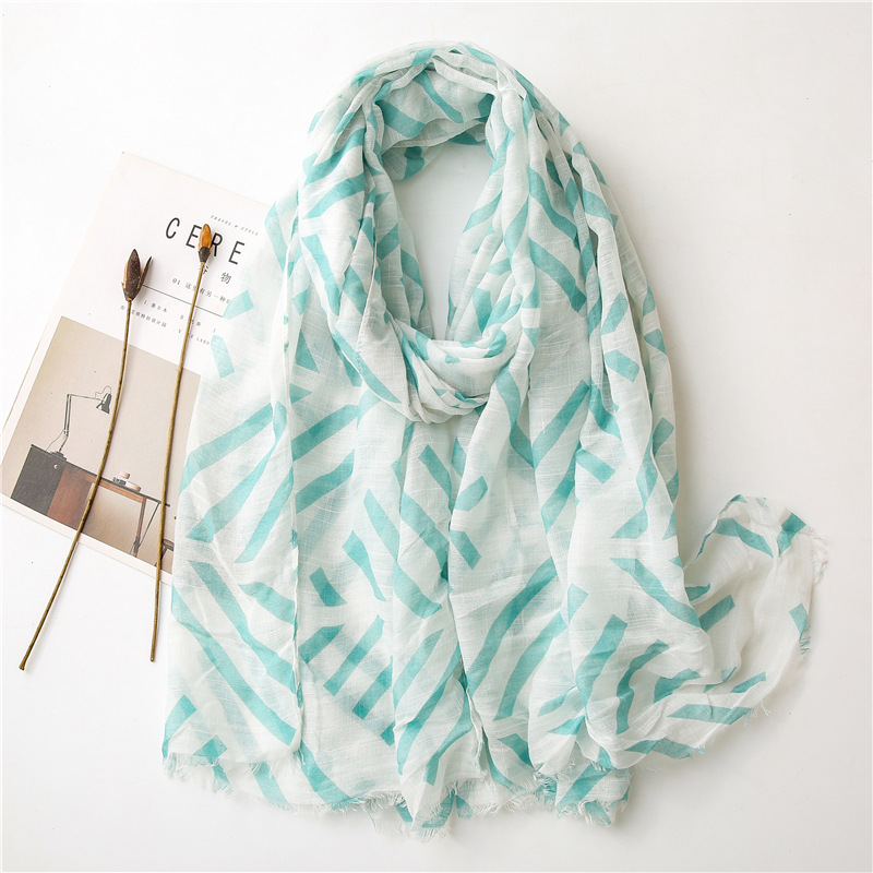 Blue geometric cotton linen scarf woman seaside sunscreen shawl
