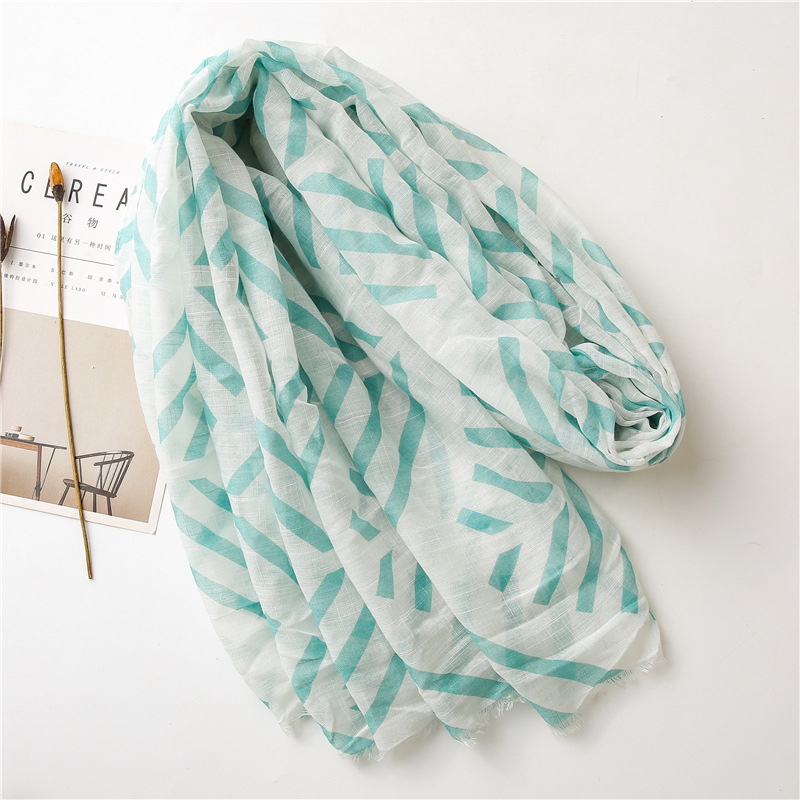 Blue geometric cotton linen scarf woman seaside sunscreen shawl