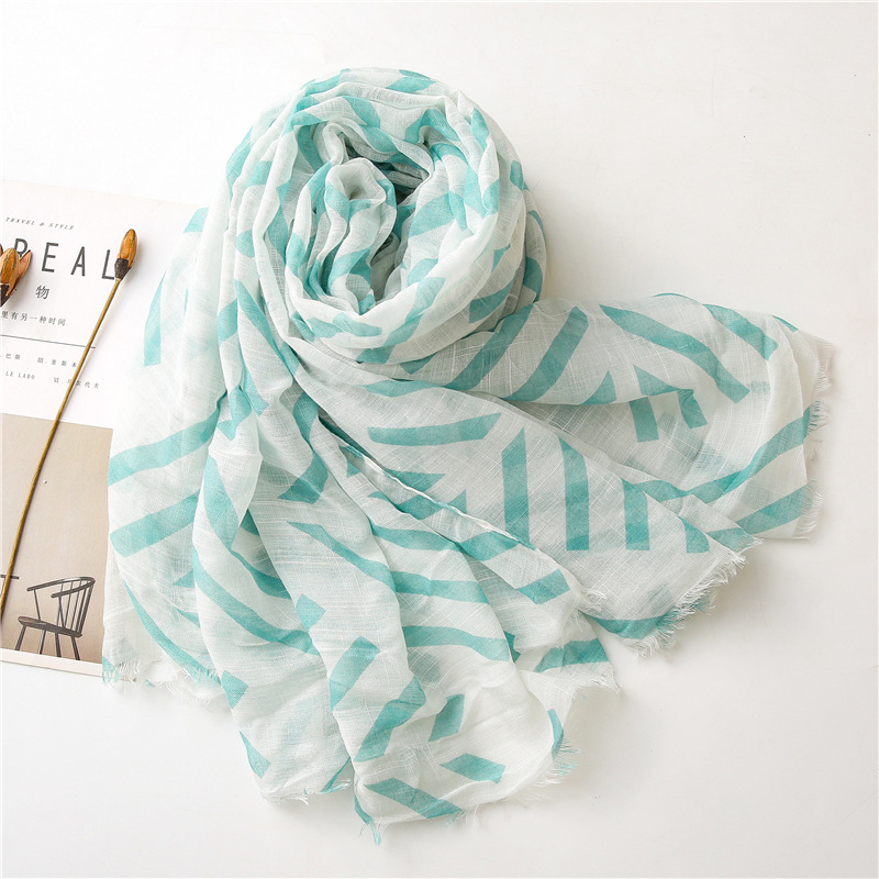 Blue geometric cotton linen scarf woman seaside sunscreen shawl