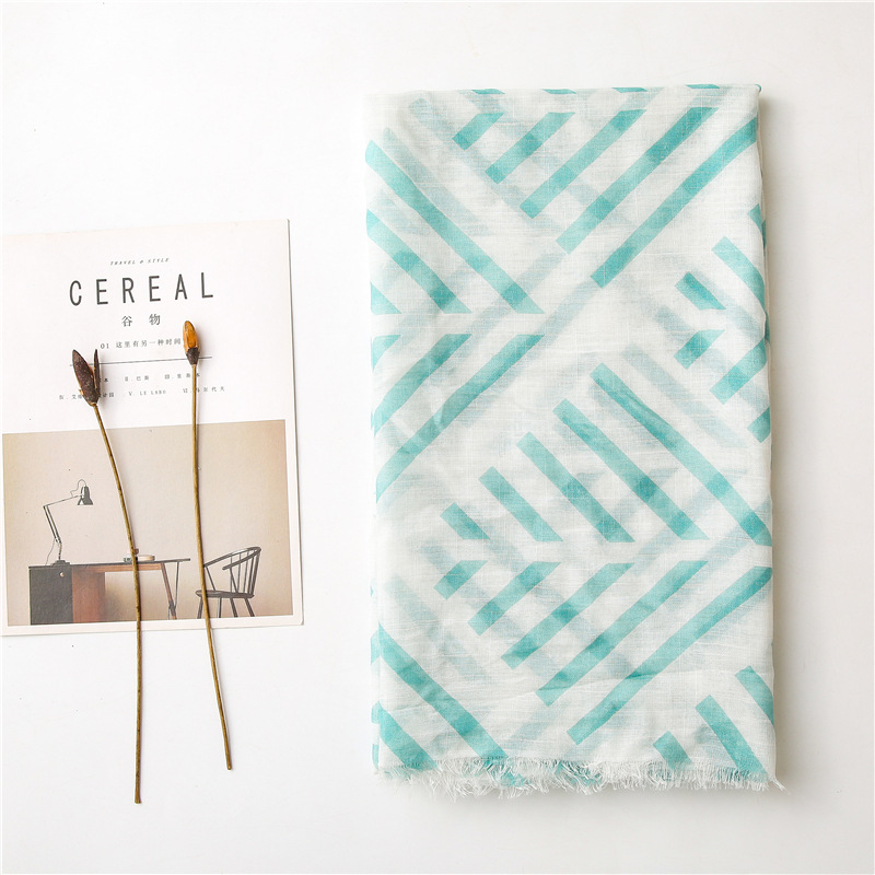 Blue geometric cotton linen scarf woman seaside sunscreen shawl