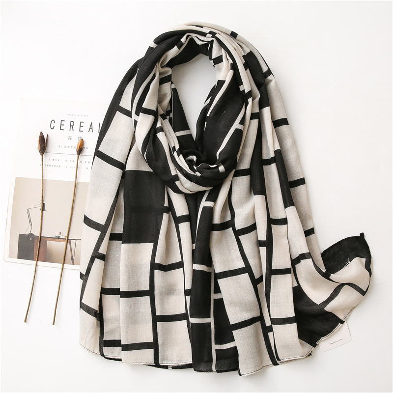 Wholesale cotton linen scarf black white large plaid shawl China