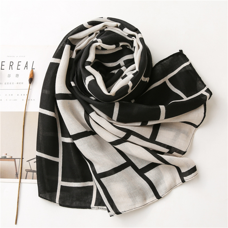 Wholesale cotton linen scarf black white large plaid shawl China