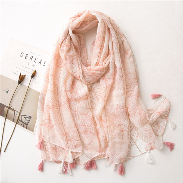 Pink cotton linen scarf women sequins printed tassel big shawl