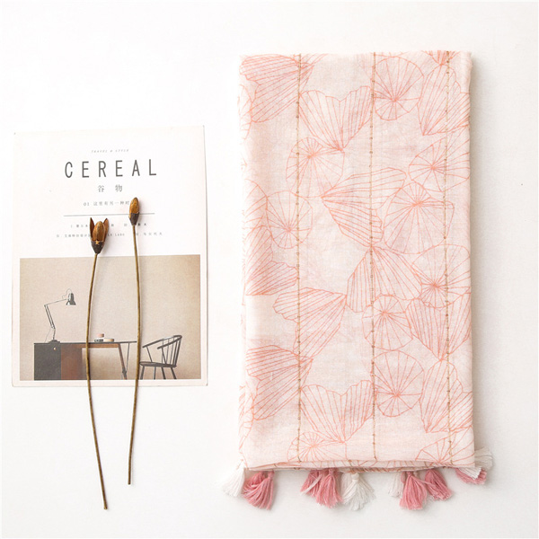 Women pink cotton linen scarf Sequin decoration print tassel shawl