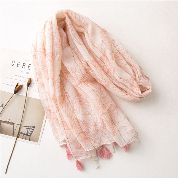 Women pink cotton linen scarf Sequin decoration print tassel shawl