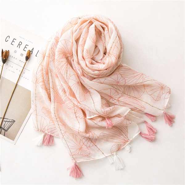Women pink cotton linen scarf Sequin decoration print tassel shawl