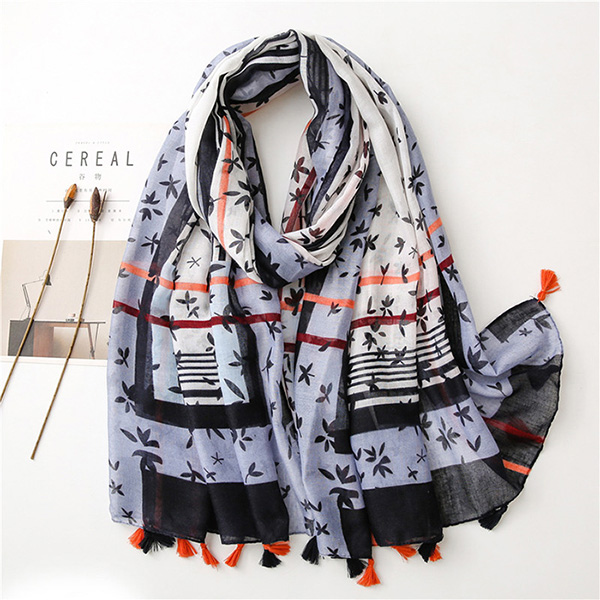 Floral striped cotton linen silk scarf fringed voile lady shawl