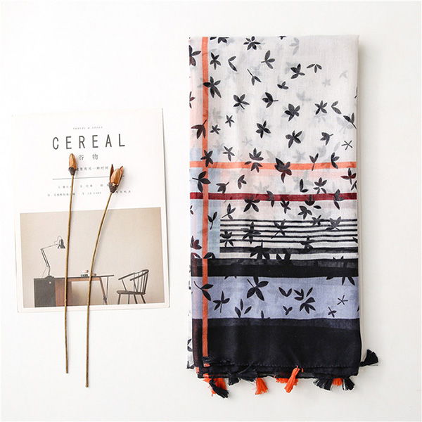 Floral striped cotton linen silk scarf fringed voile lady shawl