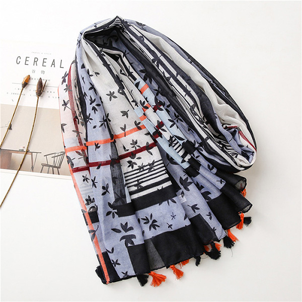 Floral striped cotton linen silk scarf fringed voile lady shawl