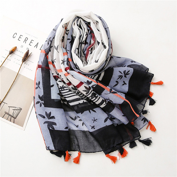 Floral striped cotton linen silk scarf fringed voile lady shawl
