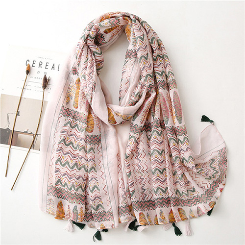 Boho style scarf cotton silk scarf geometric feather print beach scarf