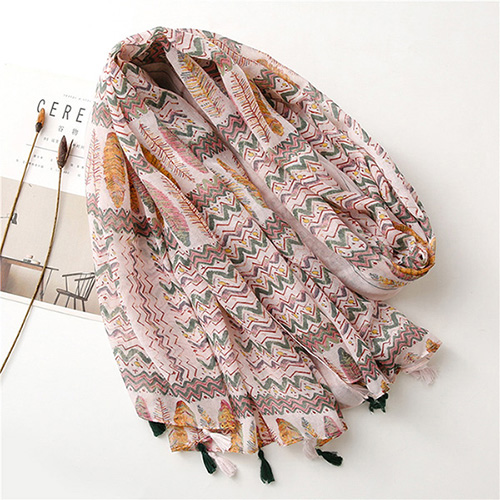 Boho style scarf cotton silk scarf geometric feather print beach scarf