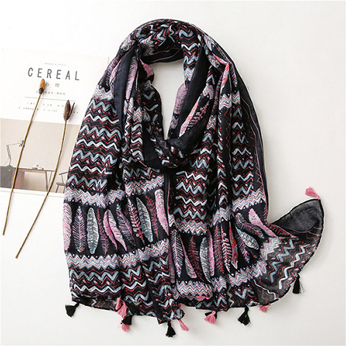 Boho style scarf cotton silk scarf geometric feather print beach scarf