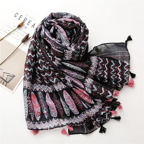 Boho style scarf cotton silk scarf geometric feather print beach scarf