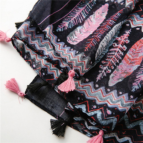 Boho style scarf cotton silk scarf geometric feather print beach scarf