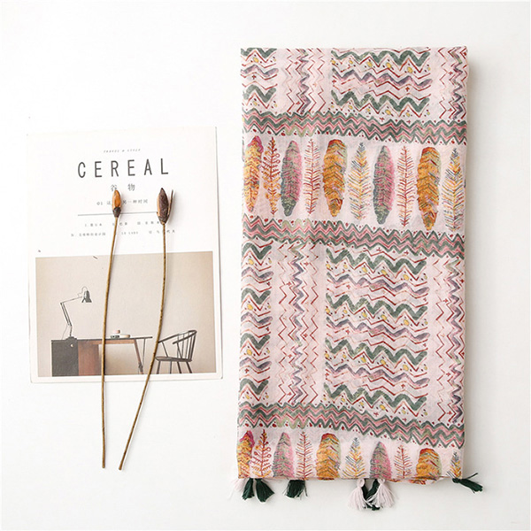 Boho style scarf cotton silk scarf geometric feather print beach scarf
