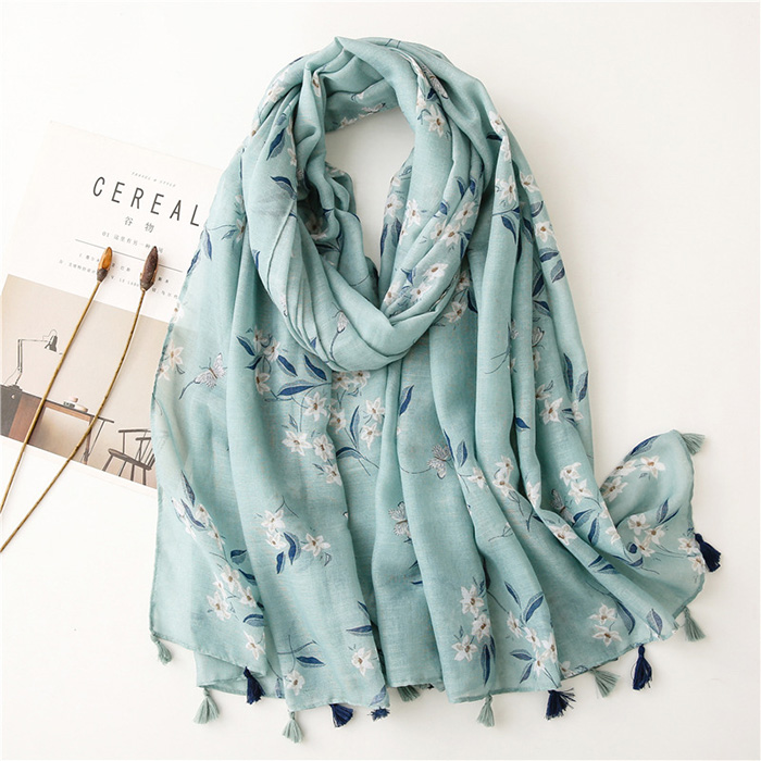 Kenyan green leaf print cotton fringed scarf women