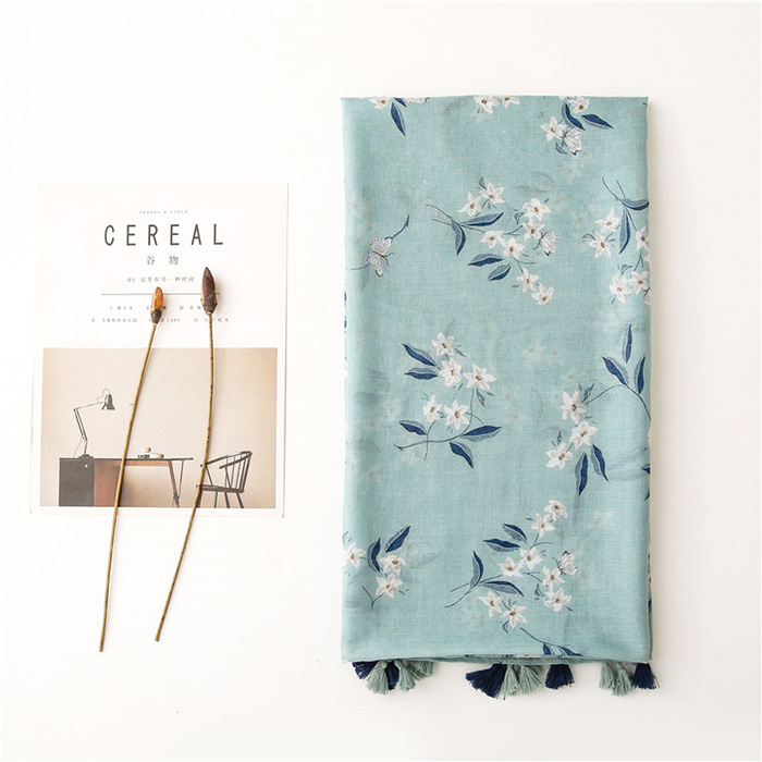 Kenyan green leaf print cotton fringed scarf women