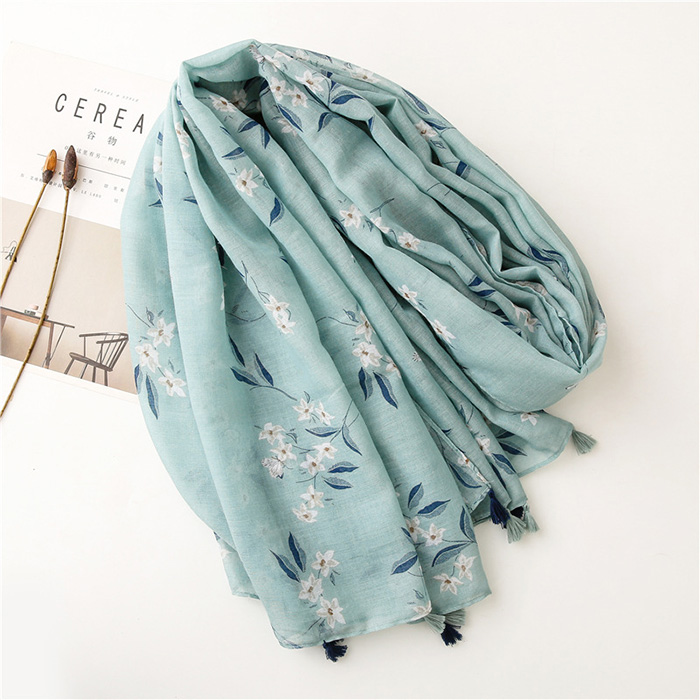 Kenyan green leaf print cotton fringed scarf women