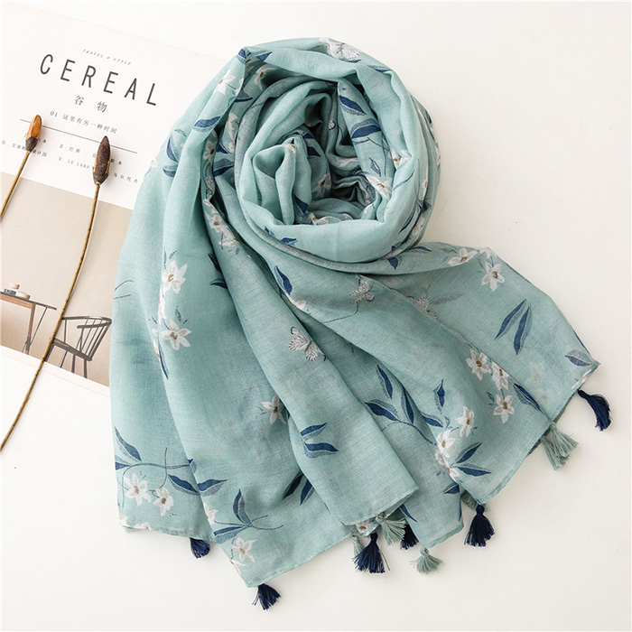 Kenyan green leaf print cotton fringed scarf women