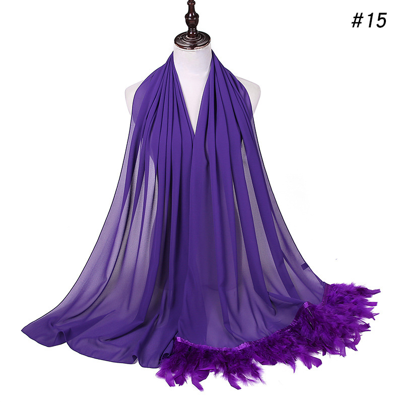 Pure Color Pearl Chiffon Scarf Feather Women Fashion Head Scarf