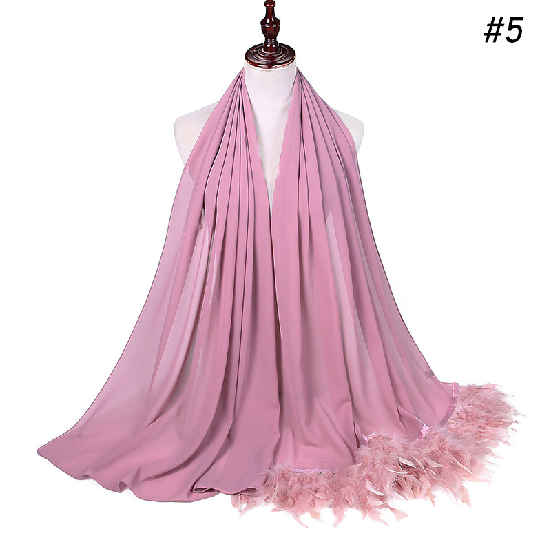 Pure Color Pearl Chiffon Scarf Feather Women Fashion Head Scarf