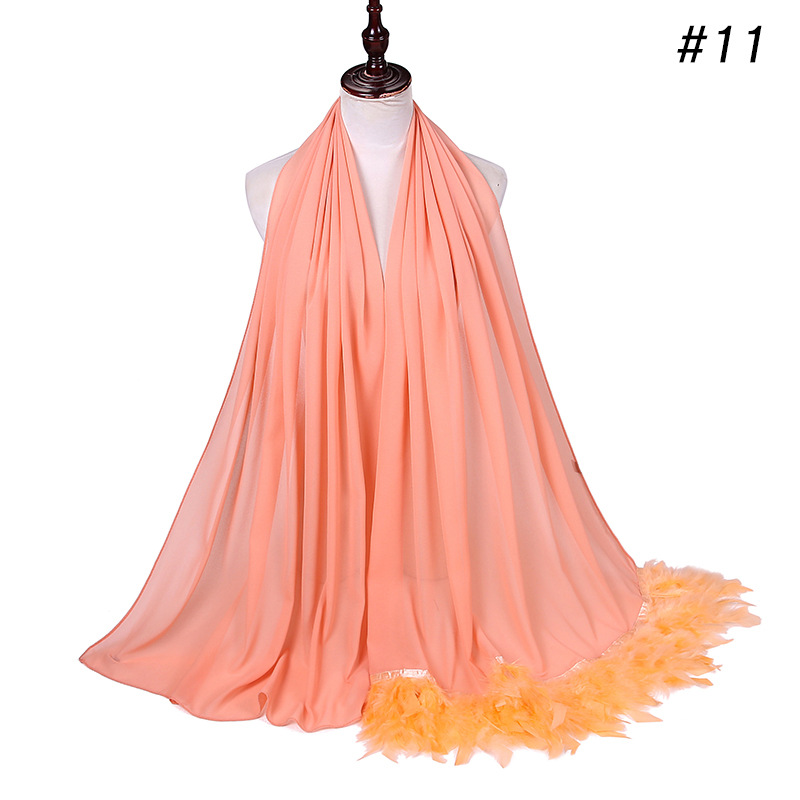 Pure Color Pearl Chiffon Scarf Feather Women Fashion Head Scarf