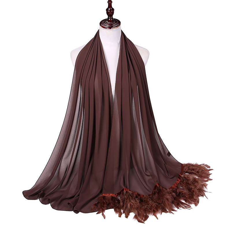 Pure Color Pearl Chiffon Scarf Feather Women Fashion Head Scarf