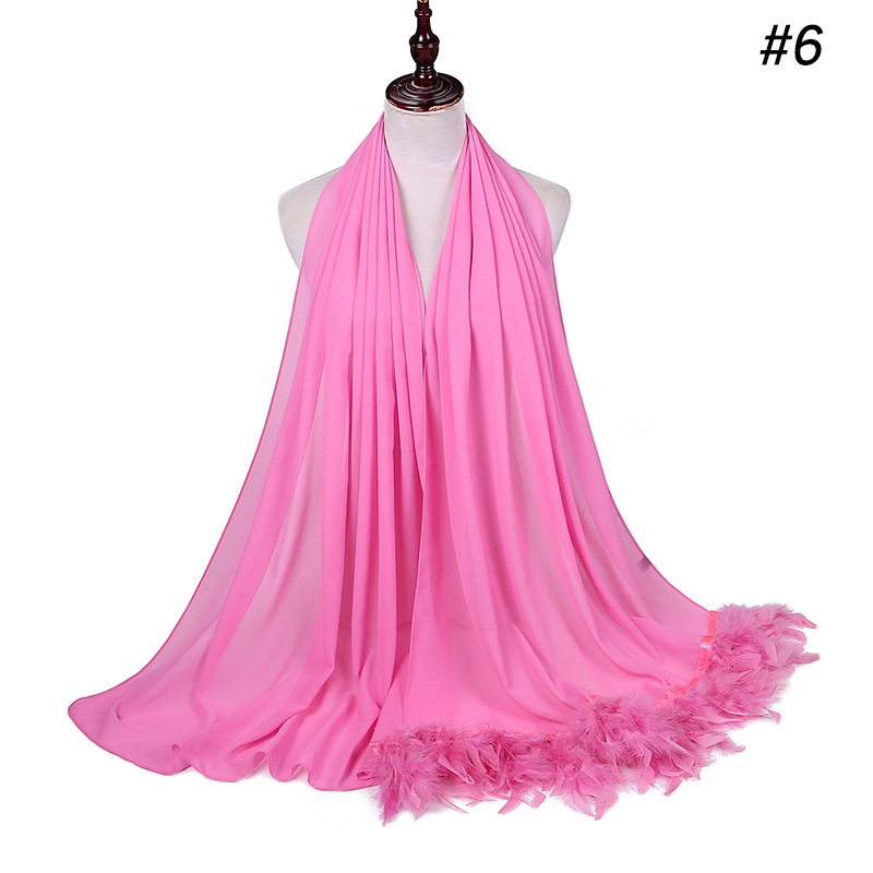 Pure Color Pearl Chiffon Scarf Feather Women Fashion Head Scarf