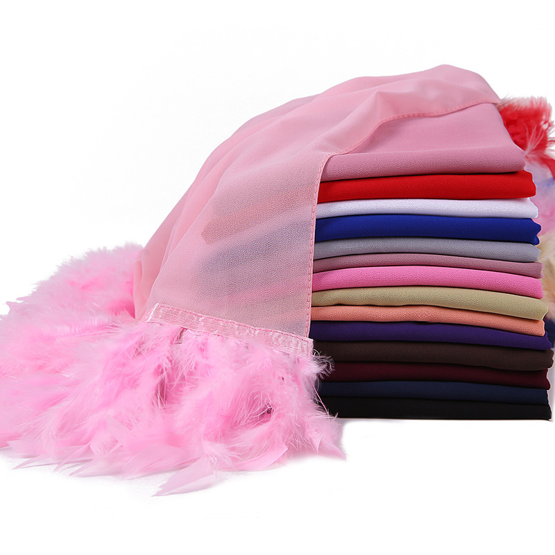Pure Color Pearl Chiffon Scarf Feather Women Fashion Head Scarf