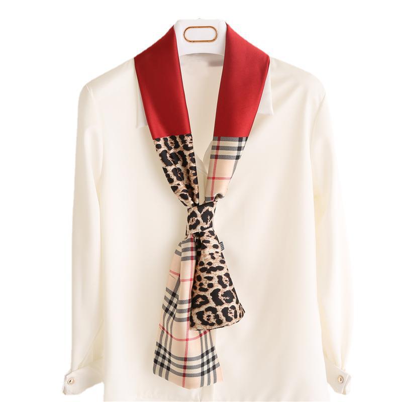 Long silk scarves ladies leopard plaid fashion scarf ribbon tie scarf