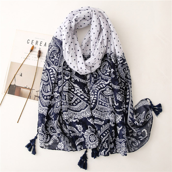Supply polka dot cotton and linen scarf female blue and white porcelain shawl factory