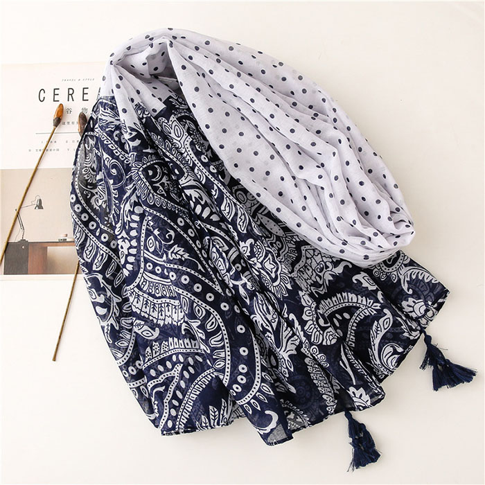 Supply polka dot cotton and linen scarf female blue and white porcelain shawl factory