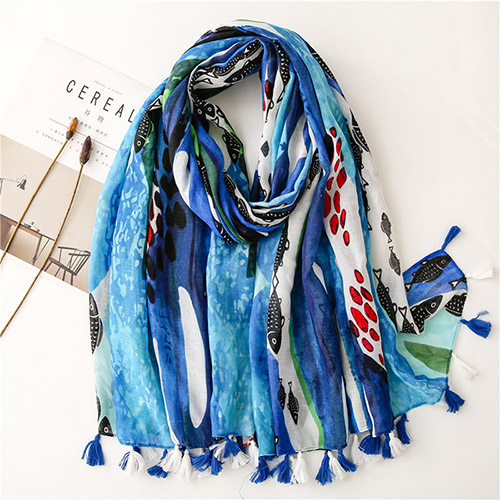 Supply creative cartoon blue fish pattern scarf travel cotton and linen scarf factory