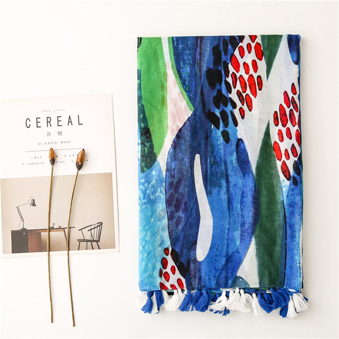 Supply creative cartoon blue fish pattern scarf travel cotton and linen scarf factory
