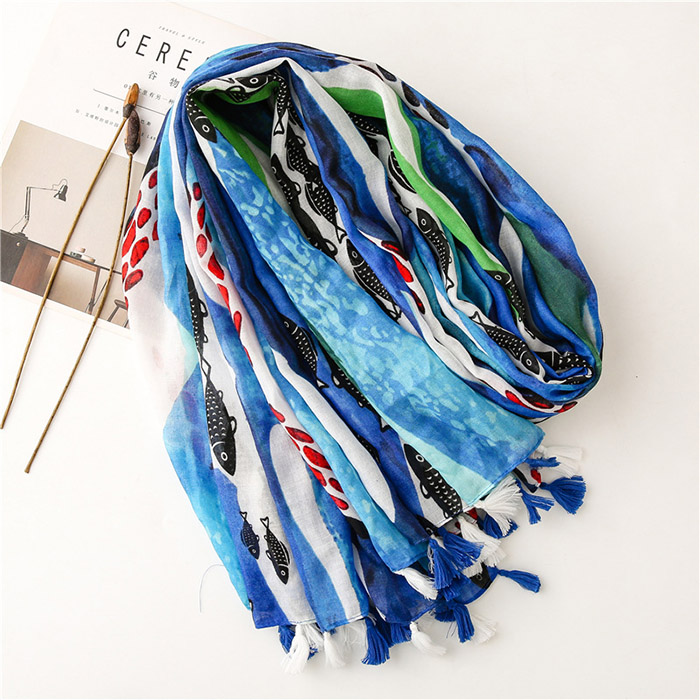 Supply creative cartoon blue fish pattern scarf travel cotton and linen scarf factory