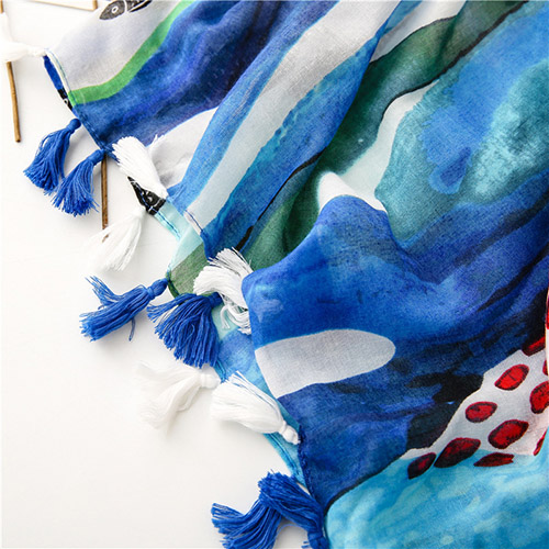 Supply creative cartoon blue fish pattern scarf travel cotton and linen scarf factory