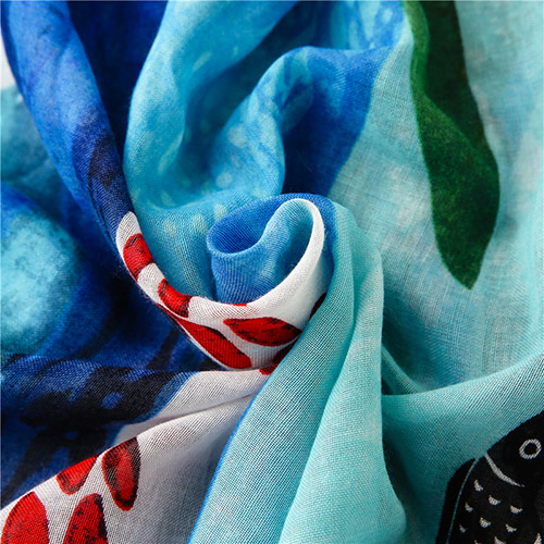 Supply creative cartoon blue fish pattern scarf travel cotton and linen scarf factory