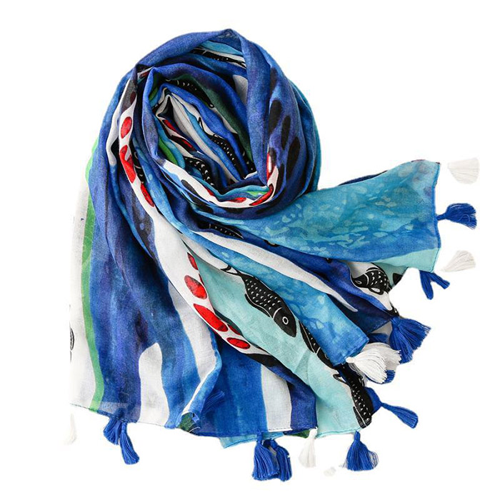 Supply creative cartoon blue fish pattern scarf travel cotton and linen scarf factory